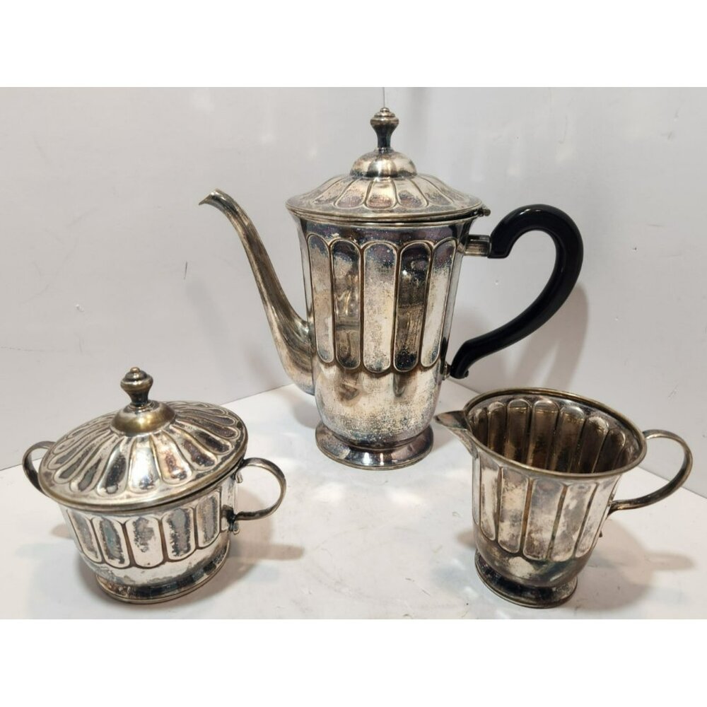 Vtg WMF Art Deco Silverplate Coffee/Tea Set With Wooden Handle Hinged Lid